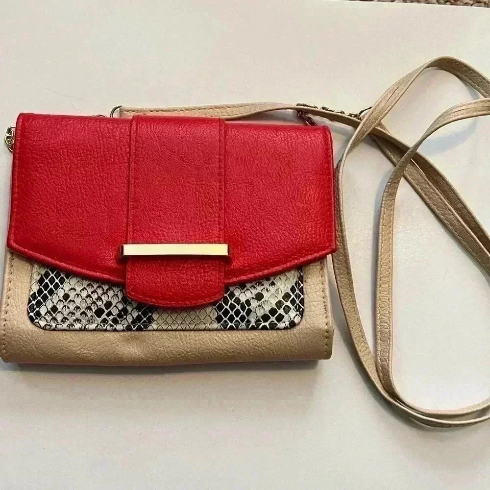 Red, Beige, Snake Print Cross Body Bag with Card Holders